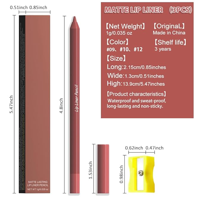 evpct 3Pcs Orange Reddish Brown Chestnut Matte Long Lasting Wear Lip Liner Pencils Makeup Set for Shaping & Sculpting Lips, No Transfer Waterproof Lip Liner Crayon lipliners Lipstick Pencil 9+10+12