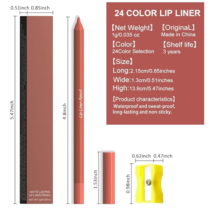 evpct 1Pcs Orange Red Matte Long Lasting Lip Liner Pencils Makeup for Shaping & Sculpting Lips, No Transfer Long Wear Waterproof Pigmented Lip Liner lipliners Crayon Lipstick Pencil Sharpener 08