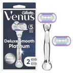 Gillette Venus Deluxe Smooth Platinum Razors for Women, 1 Venus Razor, 2 Razor Blade Refills, Metal Handle with Anti-Slip Grip