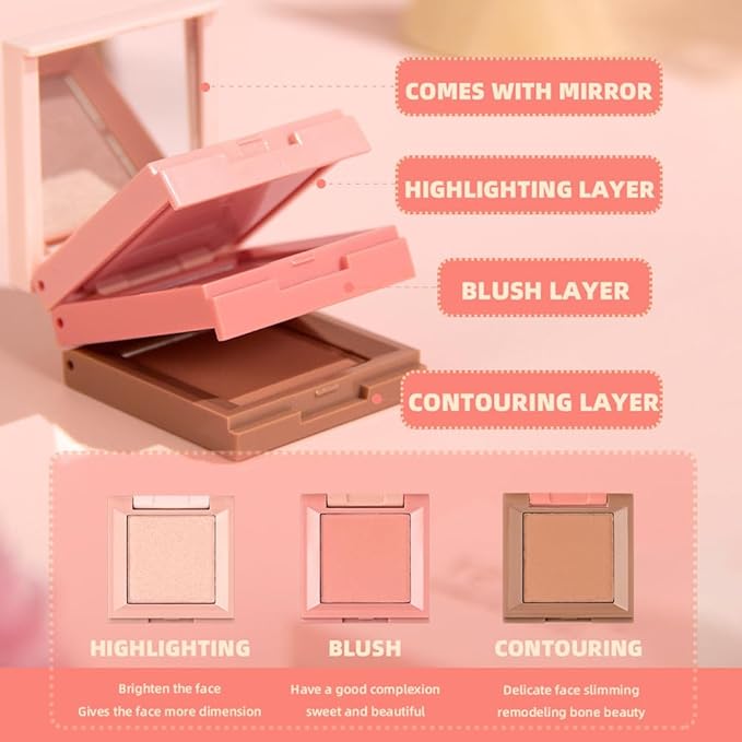 Contour and Highlight Blush Makeup Palette, Cream Bronzer, Silky Smooth Powder Blush, Shimmer Highlighter Makeup Powder, 3-in-1 Mixable Three-Piece Eyeshadow Palette with Mirror (03#)