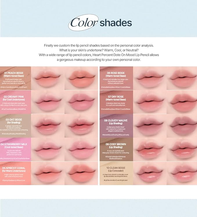 Heart Percent Dote On Mood Lip Pencil, Long-Lasting Creamy Lip Crayon Smooth Color Liner Retractable Lipstick Pencil 0.8g, #12. Caramel Beige