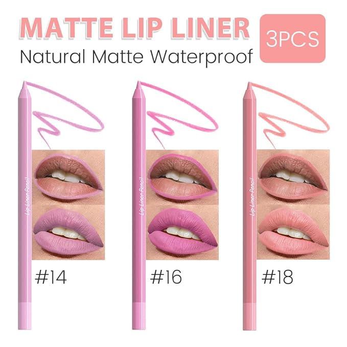 evpct 3Pcs Violet Rose Nude Pink Matte Long Lasting Wear Lip Liner Pencils Makeup Set for Shaping & Sculpting Lips, No Transfer Waterproof Pigmented Lip Liner Crayon lipliners Lipstick Pencil 14+16+18