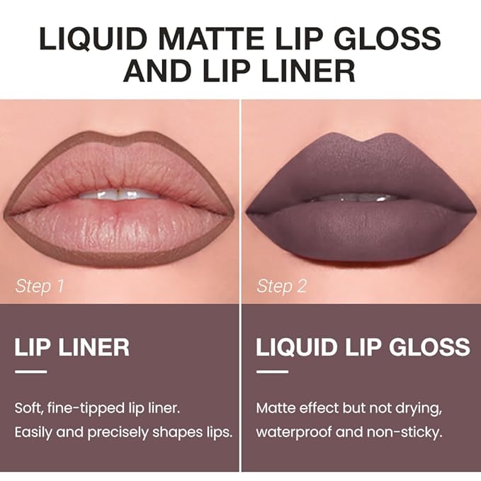 evpct Retractable 1Pcs Lip Liner Pencils and 1 Pcs Lip Gloss Makeup Set for Shaping & Sculpting Lips, Taupe Long-Lasting Waterproof Longwear Matte Rich Lip Colors Liner Crayon Liquid Lipstick 12#