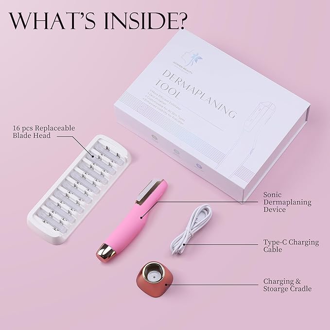 Sonic Dermaplane Razor for Women Face, Dermaplaning Tool for Face, Sonic Edge Technology, Facial Hair Removal for Women, Peach Fuzz with 8 Replaceable Blades(Pink)