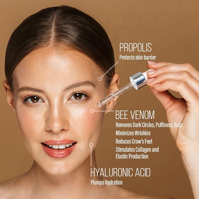 BEE and YOU Eye Cream, Anti Aging, Anti Wrinkle Serum 100% Natural with Bee Venom, Propolis Extract, Raw Honey, Hyaluronic Acid, For Dark Circles Under Eye Treatment and Puffiness, Skin Care, 15ml