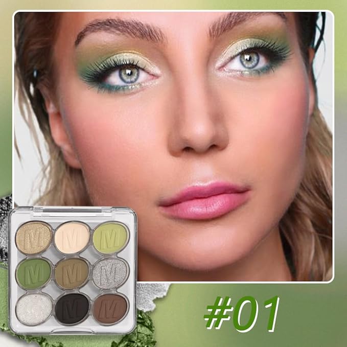 SUAKE Waterproof 9 Colors Shimmer Matte Eyeshadow Palette.Longwearing Highly Pigmented Glitter Eye Makeup Palet. Sparkle Pearlescent paleta de sombras 1# Gold Green