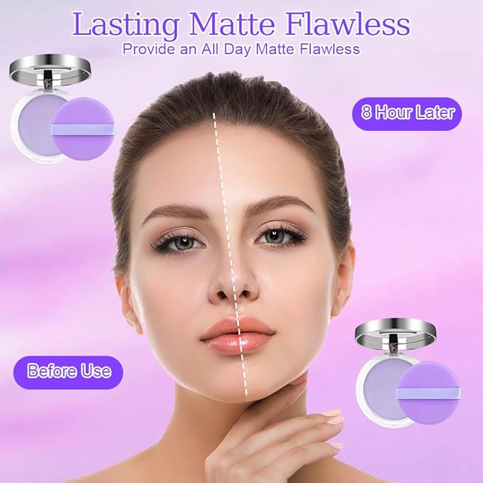 2PCS Oil Control Face Pressed Powder,zxbaers Chillab Lavender Matte Powder,Matte Smooth Setting Powder Makeup, Waterproof Long Lasting Finishing Powder, Flawless Lightweight Face Cosmetics