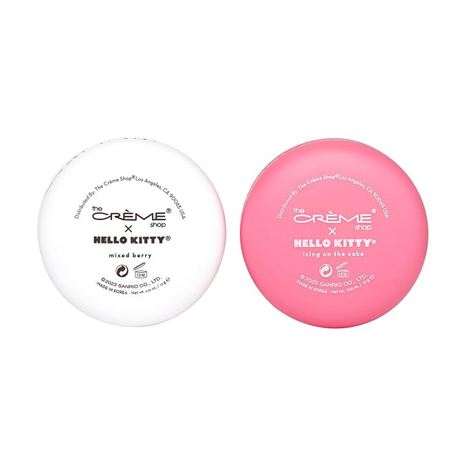 The Crème Shop Duo lip balm Moisture Remedy macaron Hello Kitty icing on the cake and mixed berry flavor