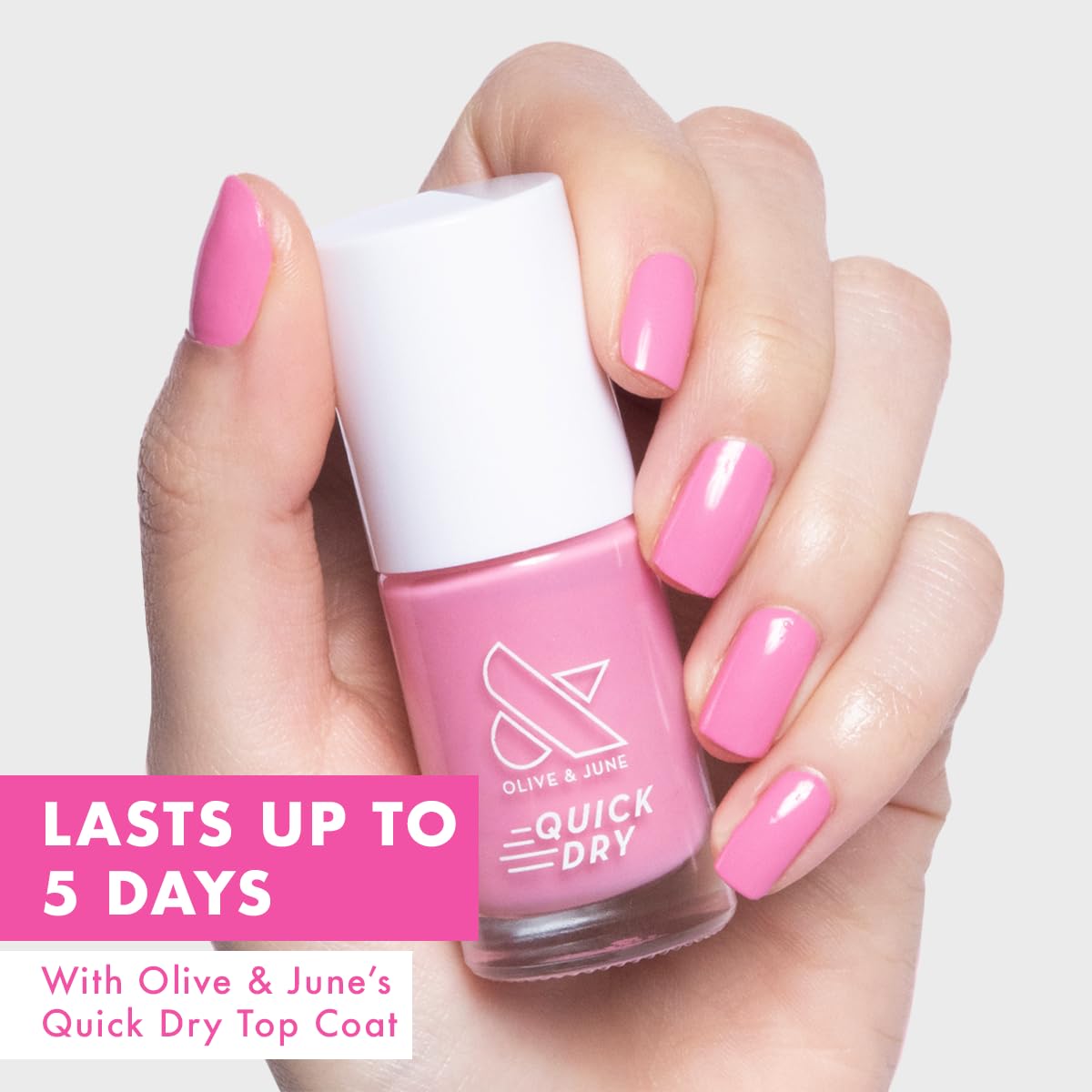 Olive & June Quick Dry Nail Polish | Instant, Fast-Drying, Smudgeproof Color | 15-free, Vegan, Cruelty-Free Formula | Lasts up to 5 Days | Salon-Quality Manicure, Pedicure at Home | Taffy Bright Pink