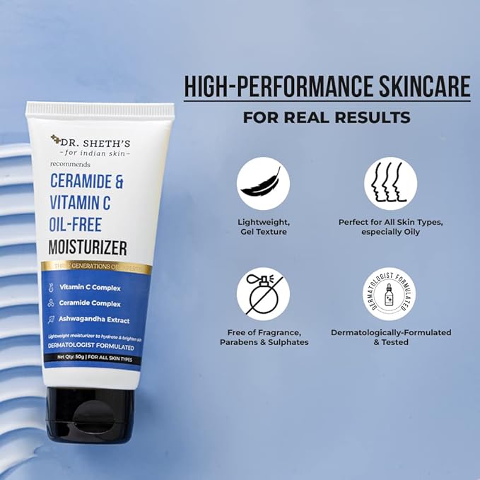 Dr. Sheth's Ceramide & Vitamin C Oil-Free Face Moisturizer | Enhances Glow & Strengthens Skin Barrier | Deeply Hydrates | Lightweight for All Skin Types | 1.76 Oz/50 g