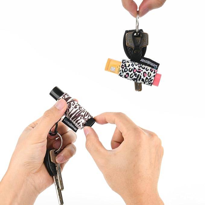 4 Pack Keychain Chapstick Holder, Leopard Pattern - Elastic Band, Fits Most Standard Lip Balm, Quick-Release Clip, Unisex-Adults
