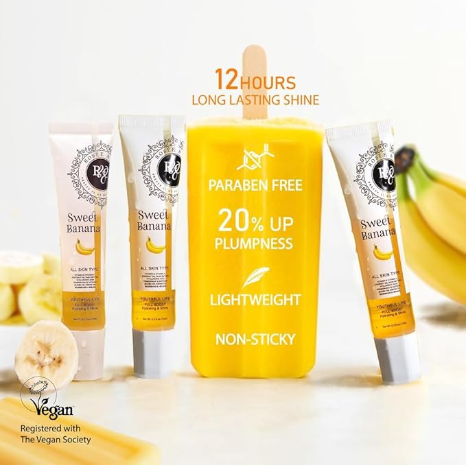 ROSÉE & CO Rosee Lip Gloss Vegan & Cruelty Free Treatment, Professional Make up, Long Lasting Glossy with Shea Butter, Moisturize, Protect & Smooth, High Shine, Non-Sticky (s. Sweet Banana, 0.5)