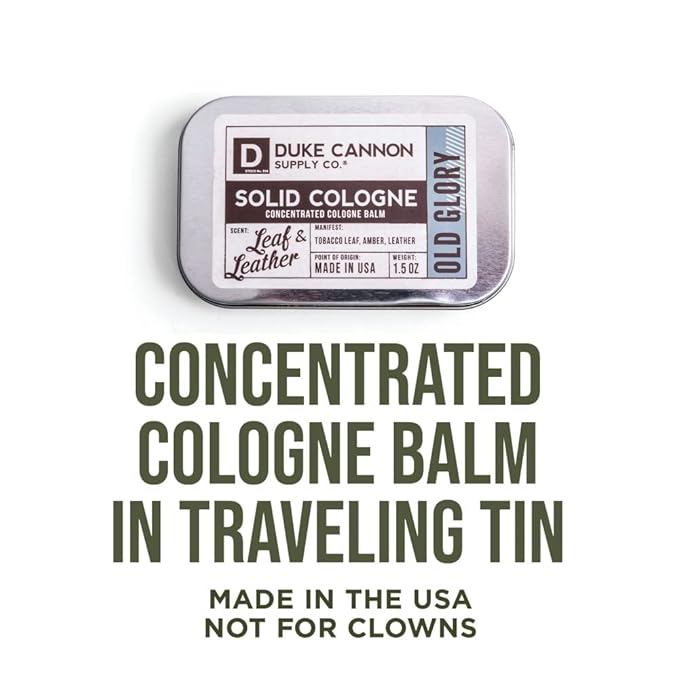 Duke Cannon Solid Cologne - Old Glory Premium Concentrated Cologne Balm, Fresh Tobacco, Amber, and Leather Scent, 1.5 oz. Travel Tin