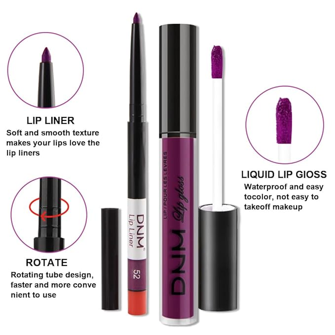 evpct 2Pcs Purple Matte Liquid Lipstick Lip Gloss Stain and Retractable Lip Liner Makeup Set for Women Long Lasting Waterproof 24 Hours Permanent Lipstick labial mate larga duracion 24 52#