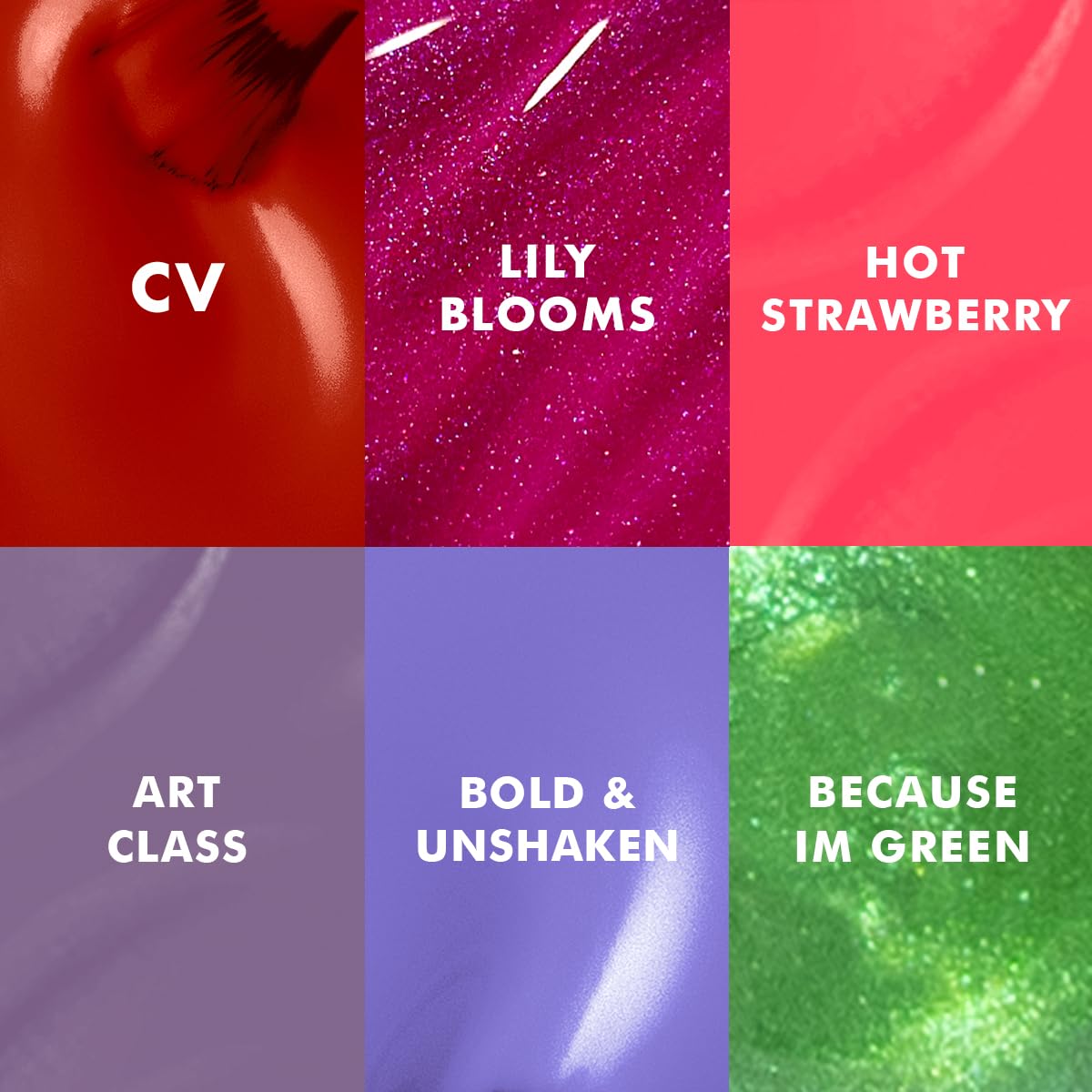 Olive & June Bolds Long Lasting Nail Polish Set | Includes 6 Shades (Bold & Unshaken, Art Class, Because I'm Green, Lily Blooms, CV, Hot Strawberry) + Top Coat | Vegan, Cruelty-Free | Salon-Quality