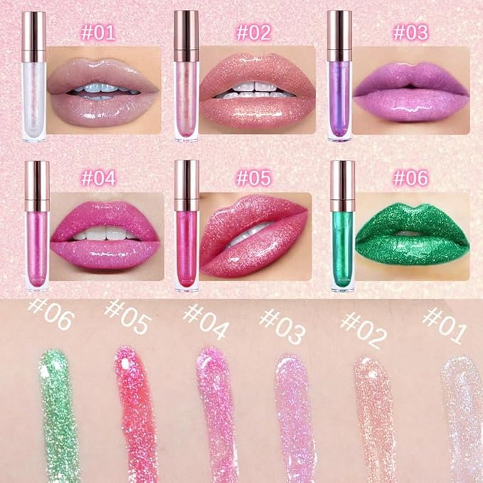 GECOMO Colorful Explosive Pearlescent Lip Gloss 3D Multifunctional Fine Glitter Chameleon Lip Gloss Polarized Diamond Makeup, Magic Big Brush Color Changing Lip Oil(102# GOLD GLITTER)