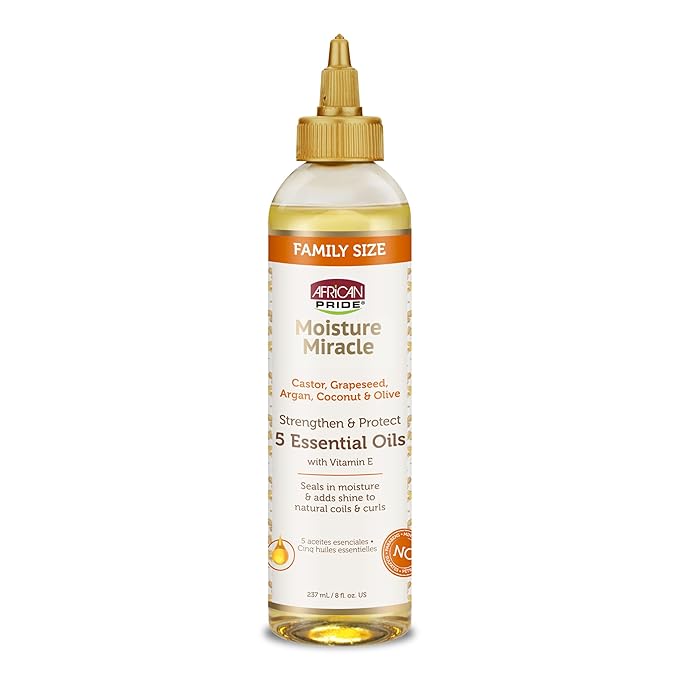 African Pride Moisture Miracle 5 Essential Hair Oils with Vitamin E | Moisture, Shine, Protection, and Growth | Argan, Castor, Grapeseed, Coconut, and Olive Oil | 8 oz