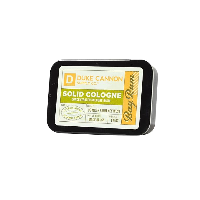 Duke Cannon Supply Co. Solid Cologne for Men Bay Rum (Citrus Musk, Cedarwood, Island Spice) - Concentrated Balm, Travel-Friendly Convenient Tin, 1.5 oz