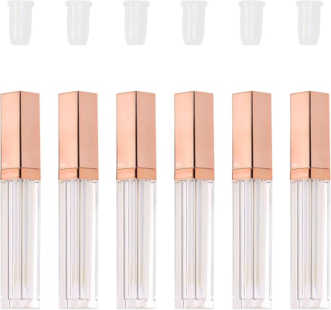 Mini Skater 6pcs 5ML Clear Empty Lip Gloss Tubes With Wand Reusable Refillable Travel Dispenser Bottle Vial With Rubber Stopper Cosmetic Container For Lipstick Balm Lip Glaze DIY Making (Rose Gold)