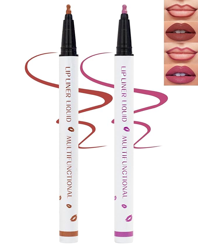 Lip Stain Marker Pen,2 Colors Brown Pink Lip Liner Pencil,Matte Lip Tint Stain Liquid Lipstick,Longlasting Waterproof Precise Chisel Tip Smooth Lipliner,Natural Lip Color Makeup Gift for Women-01+02