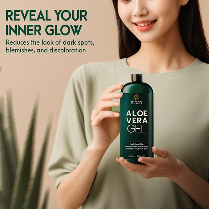 Pure Aloe Vera Gel for Face, Hair & Skin - Soothing Aloe Gel for Sunburn Relief - Made with Organic Aloe Vera Gel 95%, Chamomile & Vit E, for All Skin Types - 16 fl oz