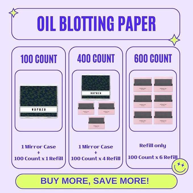 [400 Counts + Mirror Case] Natural Bamboo Charcoall Oil Blotting Sheets for Face with Mirror Compact and Refills