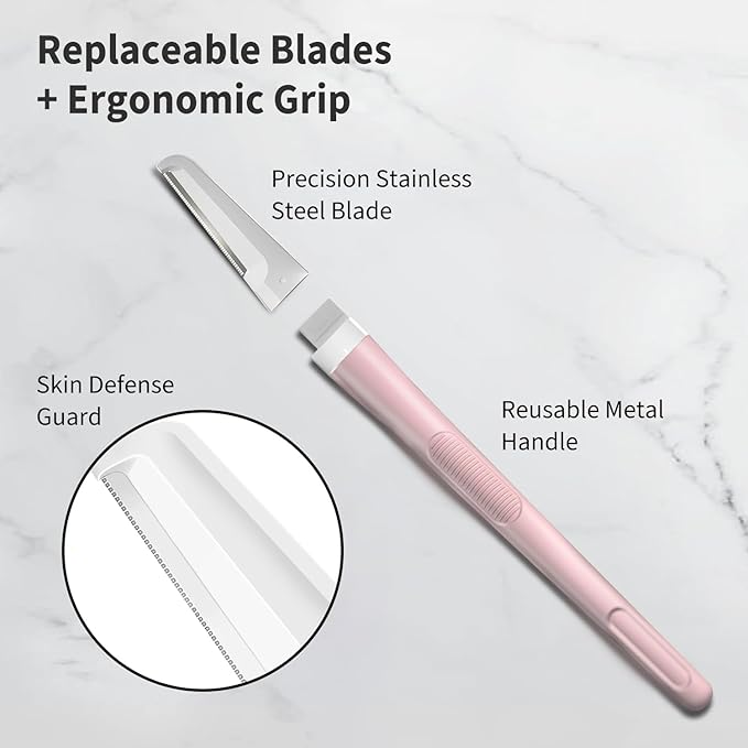 Face Razors for Women, Dermaplane Razor for Women Face, Eyebrow Razor, Facial Razors, Dermaplaning Tool, Reusable Metal Handle with 8 Microblades for Sensitive Skin, Peach Fuzz Remover, Pink
