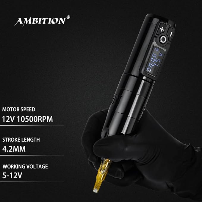 Ambition Soldier Rotary Battery Pen Tattoo Cartridge Machine with 2400mAh Wireless Power Coreless Motor Digital LED Display Tattoo Equipment Supply for Tattoo Artists (Polish Black)