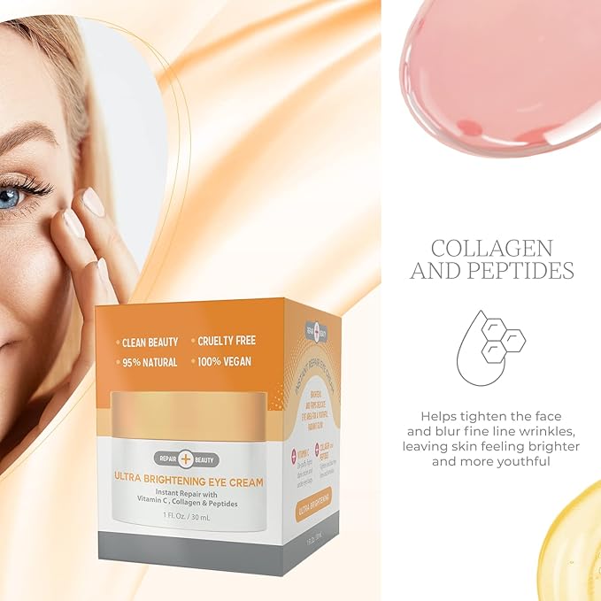 Vitamin C, Collagen and Peptides Eye Cream - Reduces Dark Circles, Puffiness & Eye Bags, Brightening Under Eye Cream - Cruelty Free Korean Skin Care For All Skin Types - 1.0 Fl. oz/ 30ml
