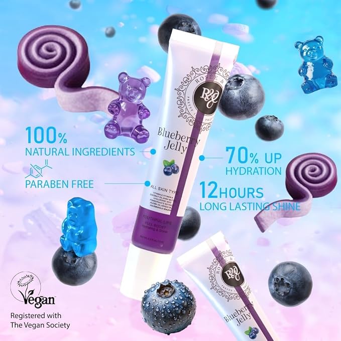 ROSÉE & CO Rosee Lip Gloss Vegan & Cruelty Free Treatment, Professional Make up, Long Lasting Glossy with Shea Butter, Moisturize, Protect & Smooth, High Shine, Non-Sticky (l. Blueberry Jelly, 0.5)