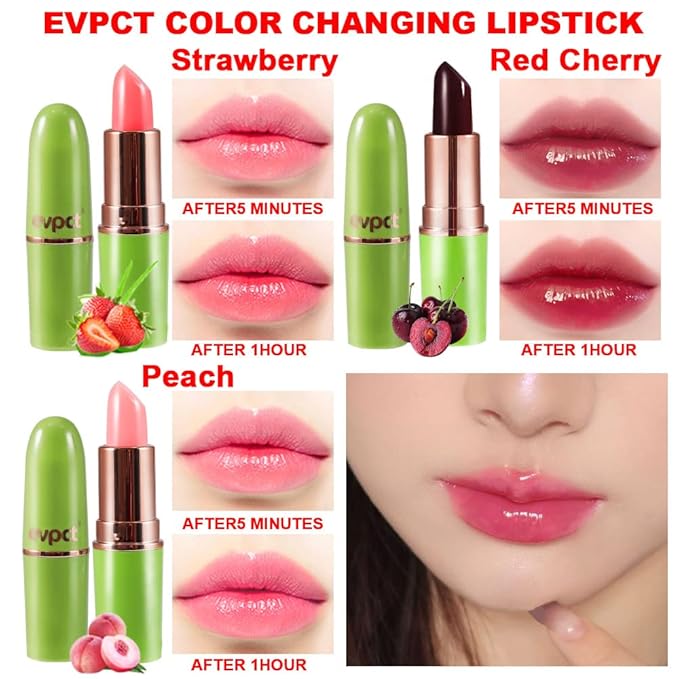 evpct 3Pcs Magic Color Changing Lipstick Long Lasting Waterproof 24 Hours Original for Women, Peach Strawberry Black Red Cherry Pink PH Mood Permanent Color Changing Lipstick Lip Balm, labial magico