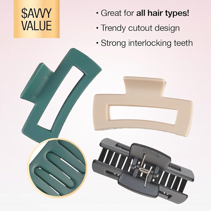 Scunci by Conair Hair 3-inch claw clips - hair accessories for women - Ideal for all hair types - trendy hair accessories - Beige, Black, Green -3 Count