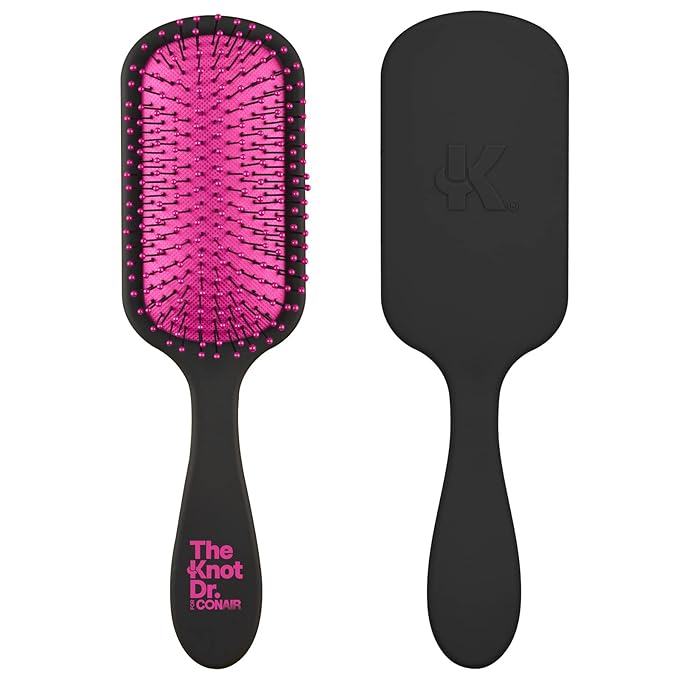 The Knot Dr. hair brush by Conair - Detangling hair brush - Removes Knots and Tangles in wet or dry hair- Black Neon w/Travel Case - Pink