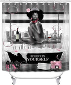 4PCS Sexy Black Girl Shower Curtain Set, Romantic Pink Floral High Heels Bubble Red Wine Afro Lady African American Woman Inspirational Quotes Bathroom Decor, Non-Slip Bath Rugs, Get Naked