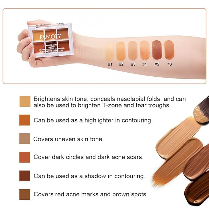 6 Color Correcting Concealer Palette With Concealer Brush, Correcting