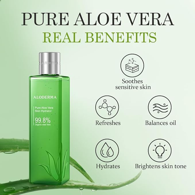 Aloderma 99.8% Organic Aloe Vera Face Hydrator Made Within 12 Hours of Harvest - Moisturizing & Hydrating Facial Toner for Oily Skin, Soothing Aloe Toner for Balanced, Smooth Skin Texture, 240ml, 3ct