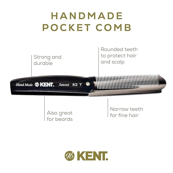 Kent 82T Handmade Folding Pocket Comb for Men, Fine Tooth Hair Comb Straightener for Everyday Grooming Styling Hair, Beard or Mustache, Use Dry or with Balms, Saw Cut Hand Polished, Made in England