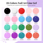 JODSONE Gel Polish Nail Art Gel Liner Set 20 Colors Red Pink Blue Purple with Thin Brush Need U V Lamp Cured Gift for Girls at Home Salon Design