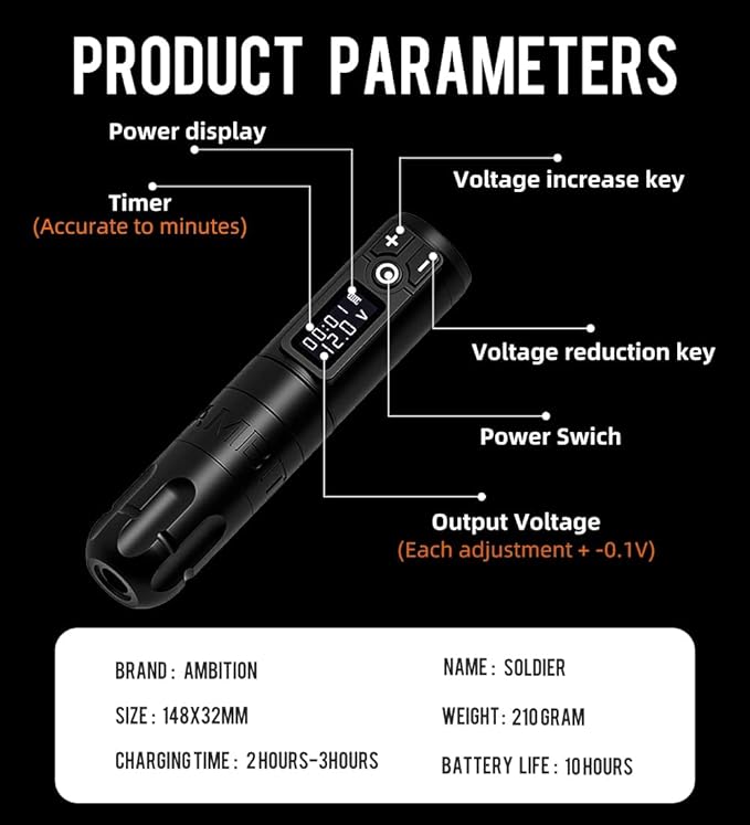 Ambition Soldier Rotary Battery Pen with Extra Battery Tattoo Cartridge Machine 2400mAh Wireless Power Japan Coreless Motor Digital LED Display Tattoo Equipment Supply for Professional Tattoo Artists