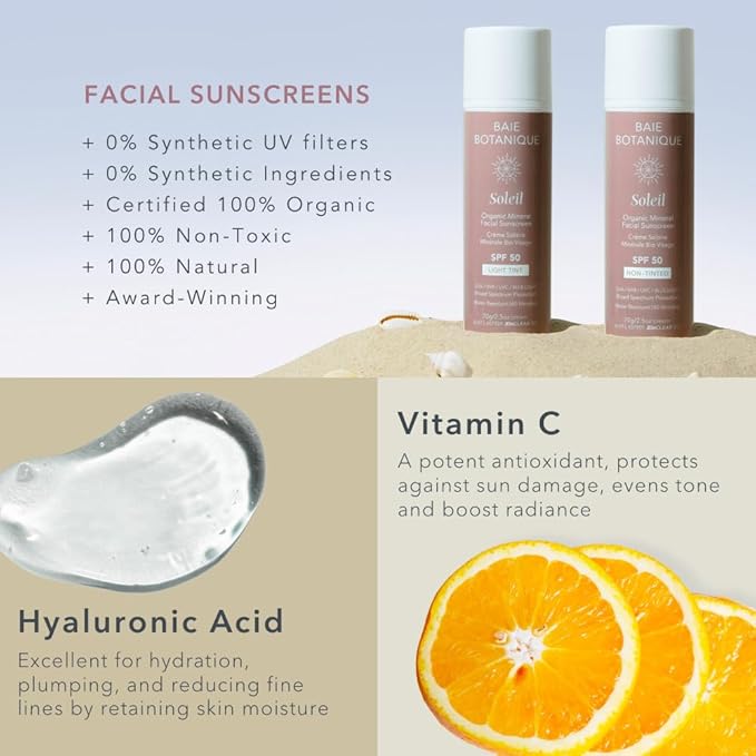 NEW SIZE - Baie Botanique Soleil Organic Facial Sunscreen SPF 50 - Chemical Filter Free Hyaluronic Acid & Vitamin C Sunscreen for Face Natural Vegan No White Cast Non Toxic UVA/UVB - Light Tint 70g