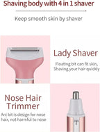 4-in-1 Electric Razor for Women - Painless Facial Hair Removal, Bikini Trimmer, Eyebrow & Body Groomer - Rechargeable Hair Clippers Set for Underarms, Legs & Nose
