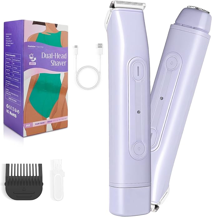 Lanumi 2 in 1 Electric Shaver Dual Head Bikini Trimmer Women IPX6 Wet Dry Pubic Hair Trimmer Rechargeable Body Facial Hair Remover for Face Lip Chin Underarm Legs (Purple)