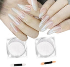 2Pcs Pearl Chrome Nail Powder - Ice Transparent Aurora, White Chameleon Iridescent Pigment for Nails - High Gloss Pearlescent Glitter (2pc White)