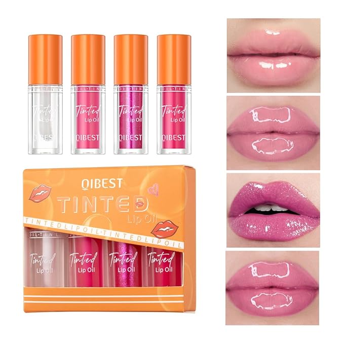 4 Colors Fat Lip Oil Drip,Lip Oil Lip Glaze Hydrating Lip Glow Oil Big Brush Head Moisturizing Lip Gloss,Shiny Transparent Lip Gloss Plumping,Clear Tint Shiny and Vegan,Moisturizing Non-Sticky (SET B)