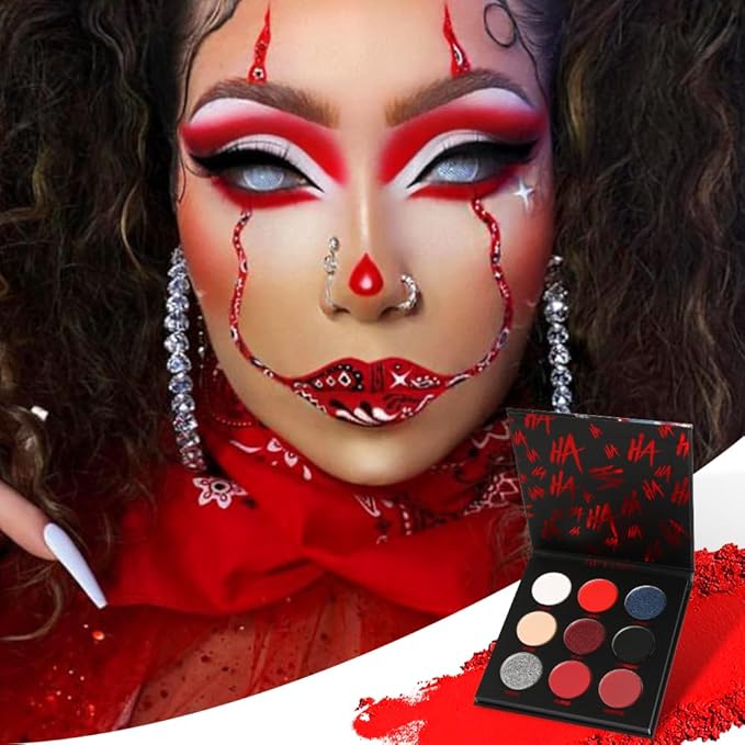 ecofavor Red Goth Eyeshadow Palette - 9 Colors True Hot Red Black Eye Shadows | Halloween Glitters Makeup | Matte Shimmer High Pigmentation | Clown Vampire SFX Halloween Christmas Palette
