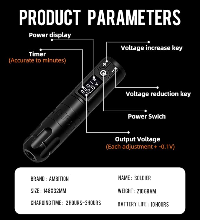 Ambition Soldier Rotary Battery Pen with Extra Battery Tattoo Cartridge Machine 2400mAh Wireless Power Japan Coreless Motor Digital LED Display Tattoo Equipment Supply for Professional Tattoo Artists