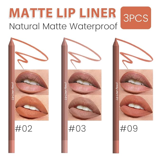 evpct 3Pcs Nude Brown Burnt Orange Matte Long Lasting Wear Lip Liner Pencils Makeup Set for Shaping & Sculpting Lips, No Transfer Waterproof Pigmented Lip Liner Crayon lipliners Lipstick Pencil 2+3+9