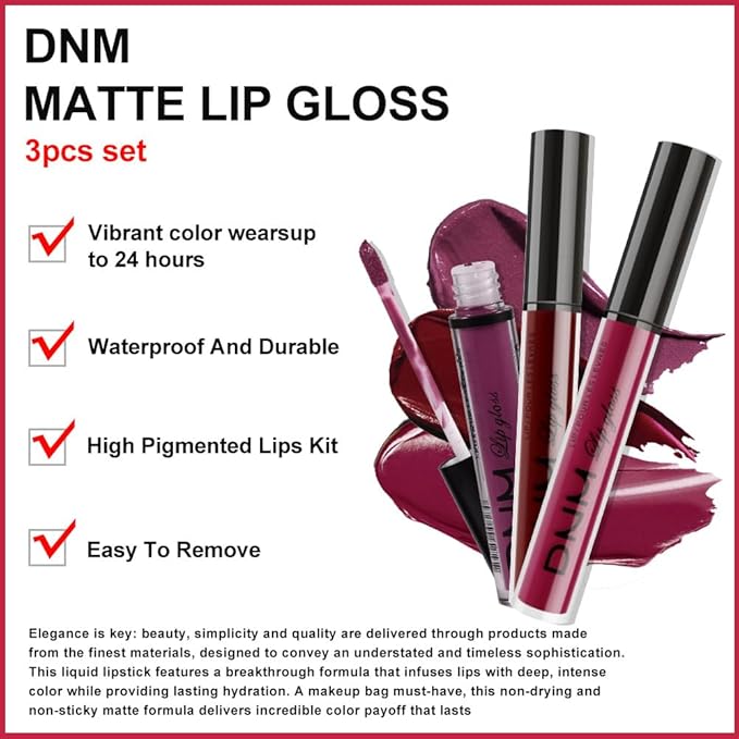 evpct 3Pcs Dark Red Purple Plum Matte Liquid Lipstick Lip Stain Sets for Women Matte+Lipstick Dark Maroon Long Lasting Permanent 24 hr Hours Magic Lipstick 24 Hours original Waterproof