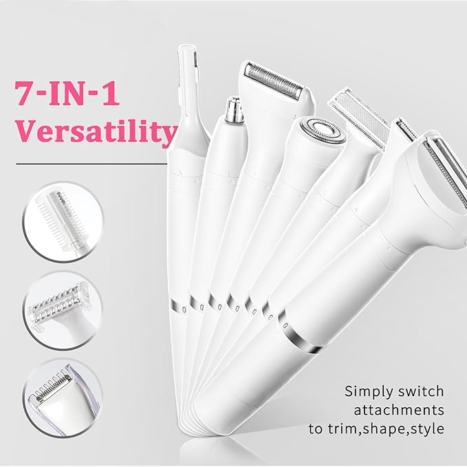 7-in-1 Electric Razor for Women - Painless Facial Hair Removal & Bikini Trimmer, Nose Eyebrow Pubic Hair Shaver with Replaceable Razors, Waterproof Women's Grooming Kit & Electric Shaver