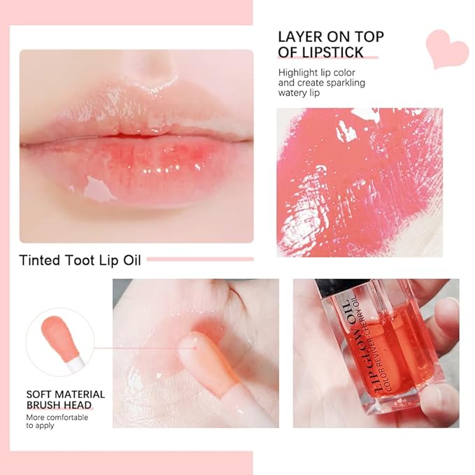 Charm Kiss Hydrating Lip Oil Plumping Lip Tint Moisturizing Gloss Lip Care Glass Transparent Toot Lip Oil Tinted, Fresh Texture, Long Lasting Nourishing Lip Glow